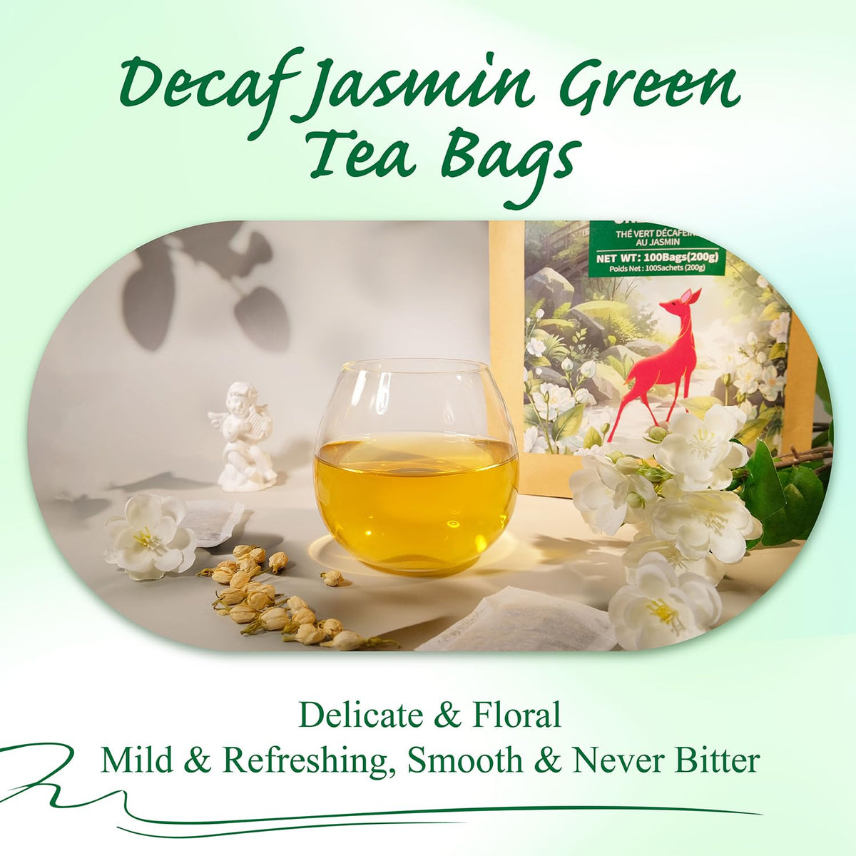 WT WEETEE Decaf Jasmine Green Tea Bags 100 Count, Natural CO2 Decaffeinated
