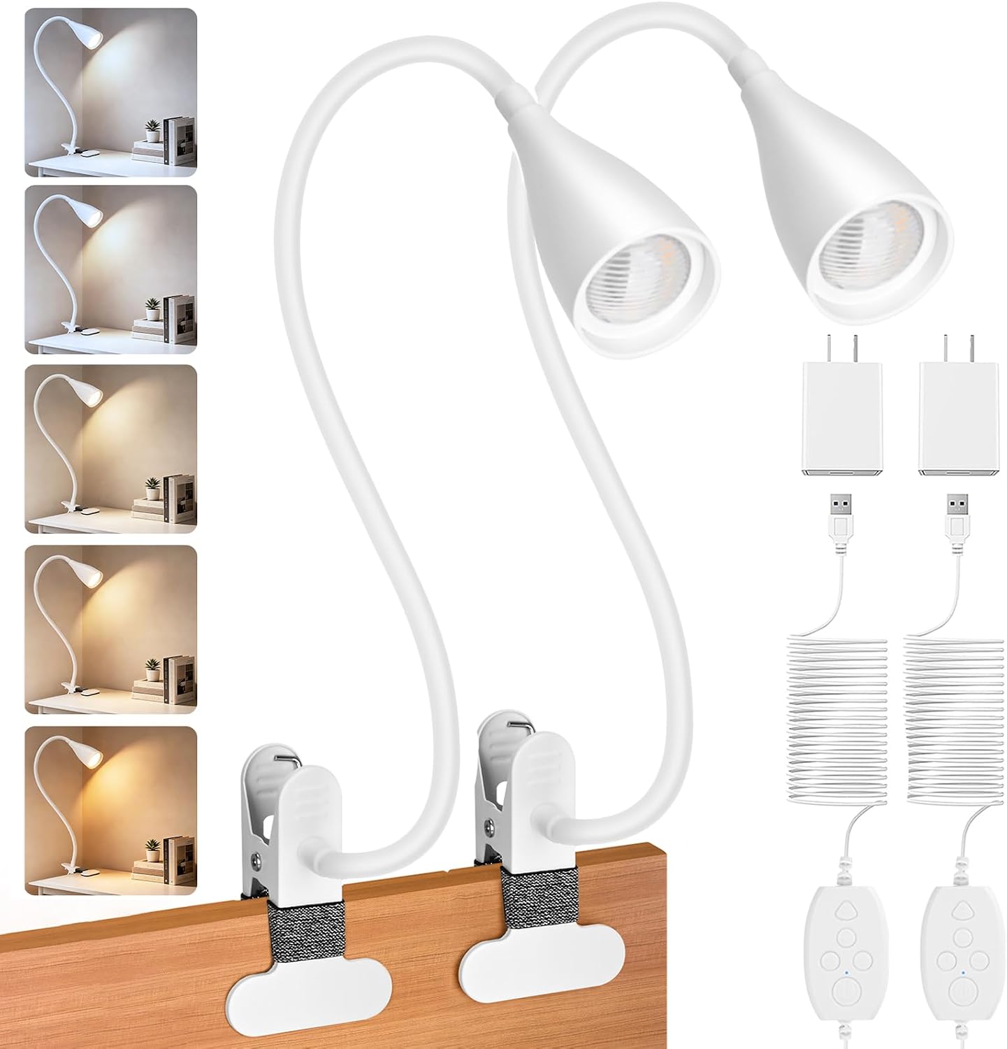 Reading Light for Book in Bed, Clip on Light Reading Lamp with Adapter, 5 Color Modes 10 Brightness, 360° Flexible Eye-Caring Clip on Desk Lamp Book Light for Reading in Bed Headboard Bedside Bedroom