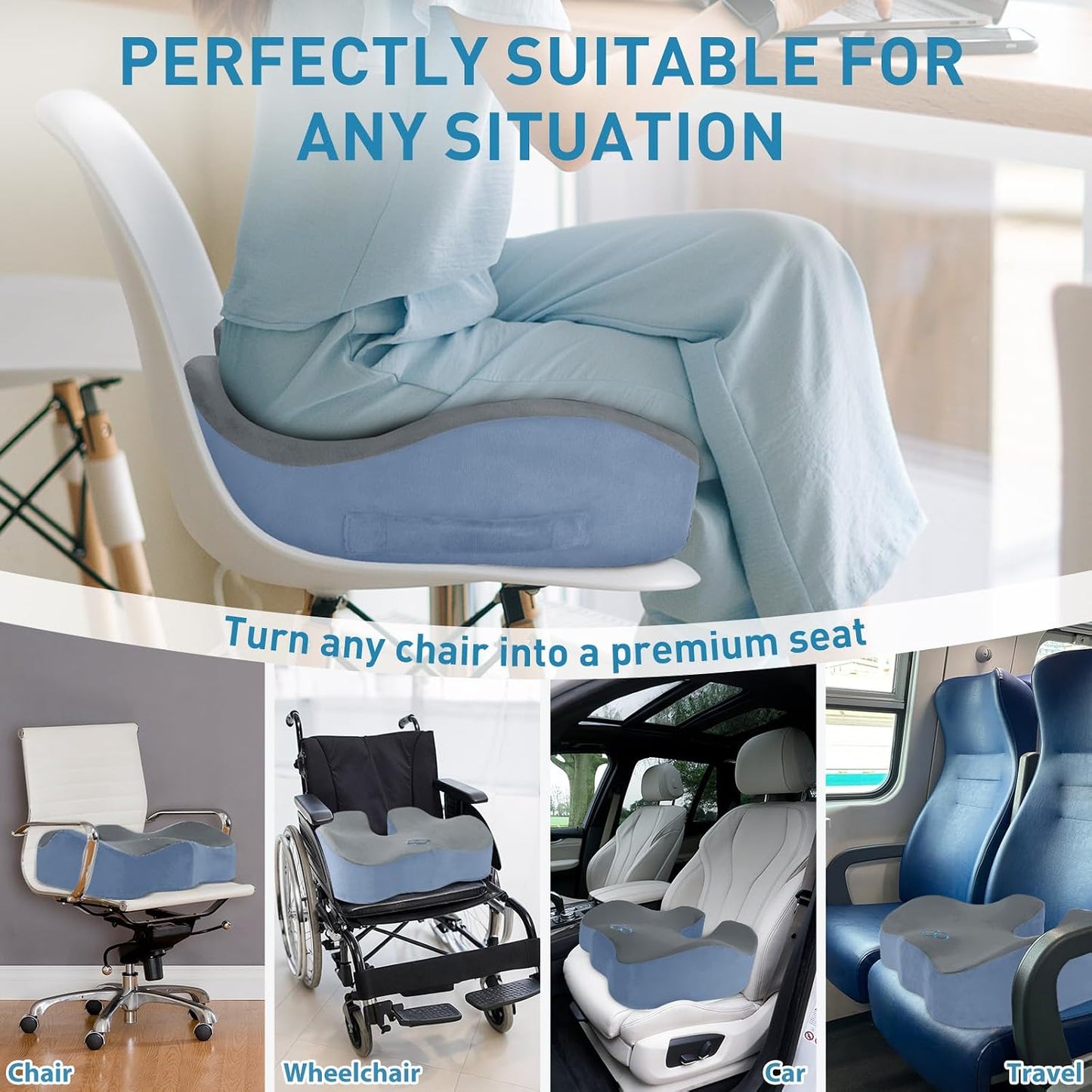 BlissTrends Seat Cushion with Velvet Cover, Thick Memory Foam Cushions for Office Chair, Car Seat, Airplane, Relieving Pressure Tailbone Sciatica Back Pain for Long Sitting, Car Drivers 4.7in Black