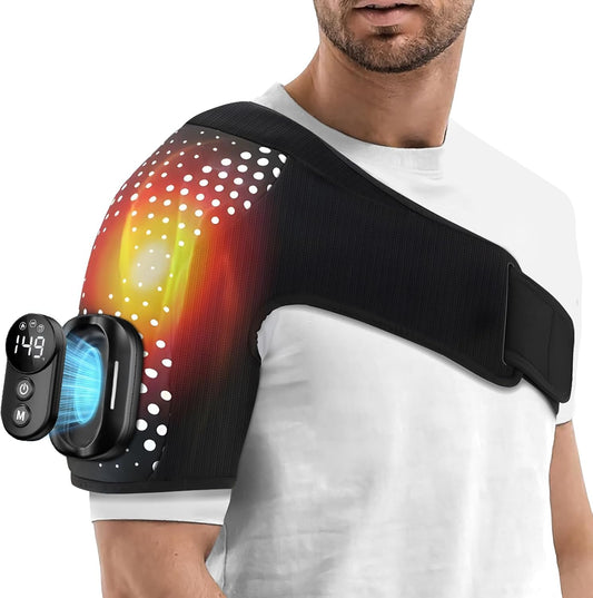 Cordless Heated Shoulder Brace with Vibration, 3 Heat & Massage Settings, Shoulder Heating Pad for Pain Relief, Adjustable Shoulder Warmer for Men and Women(Grey)