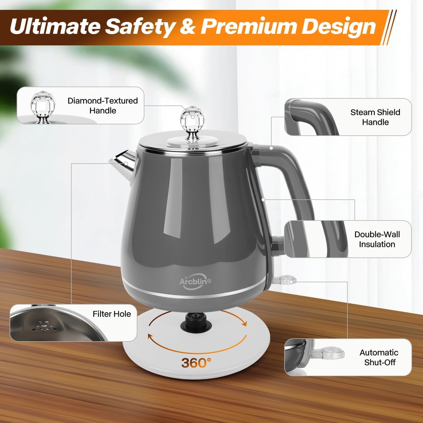 1.8L Electric Kettle, Tea Kettle with Fast Boil 1350W, Pearl White