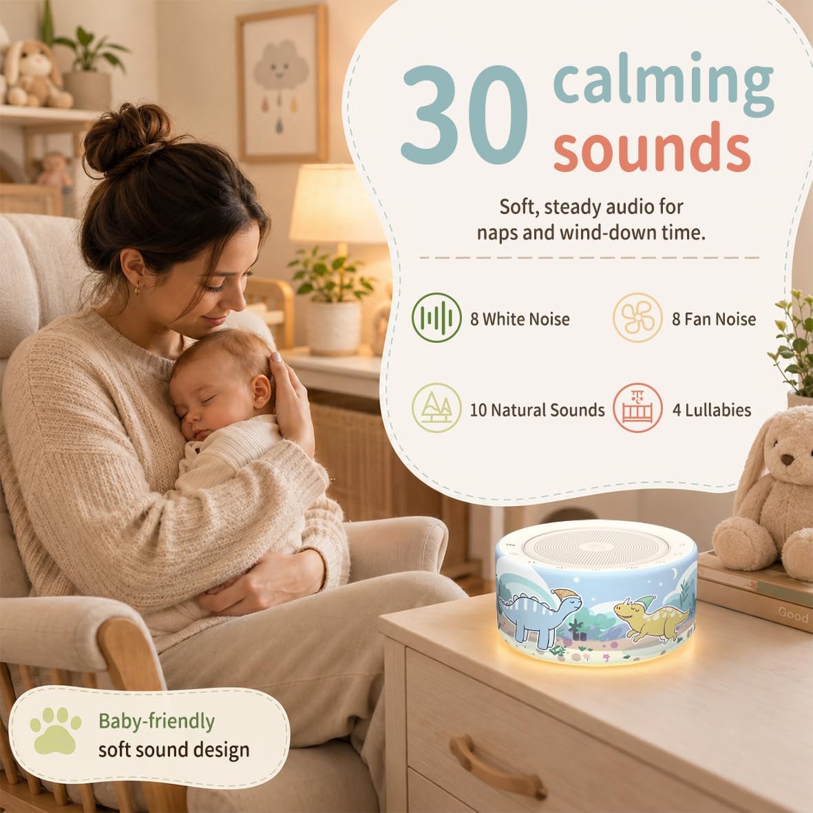 Kipcush White Noise Machine for Baby & Adults, 30 Soothing Sounds, Soft Non-Glare Nursery Lamp, 8 Color Night Lights, Memory Function (Angel V1 White, Standard)