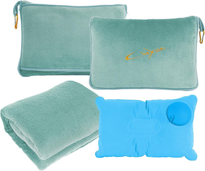 Compact Travel Blanket for Airplane, Premium Soft 2-in-1 Blanket with Pillowcase and Carry Bag, Lightweight Travel Essentials with Luggage Sleeve and Backpack Clip, Mint Green