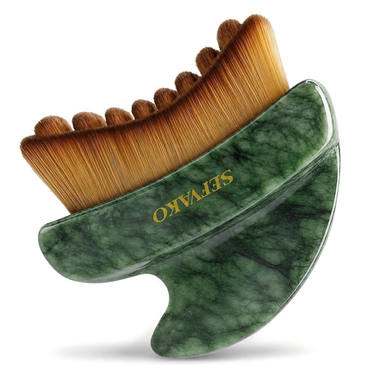 Lymphatic Contour Face Brush, Dual-Ended Dry Brush + Cool-Touch Jade Gua Sha Edge, 0.075mm Ultra-Soft Bristles Gua Sha Facial Tools, for Lymphatic Drainage, Less Puffy Look, Sculpt & Relax