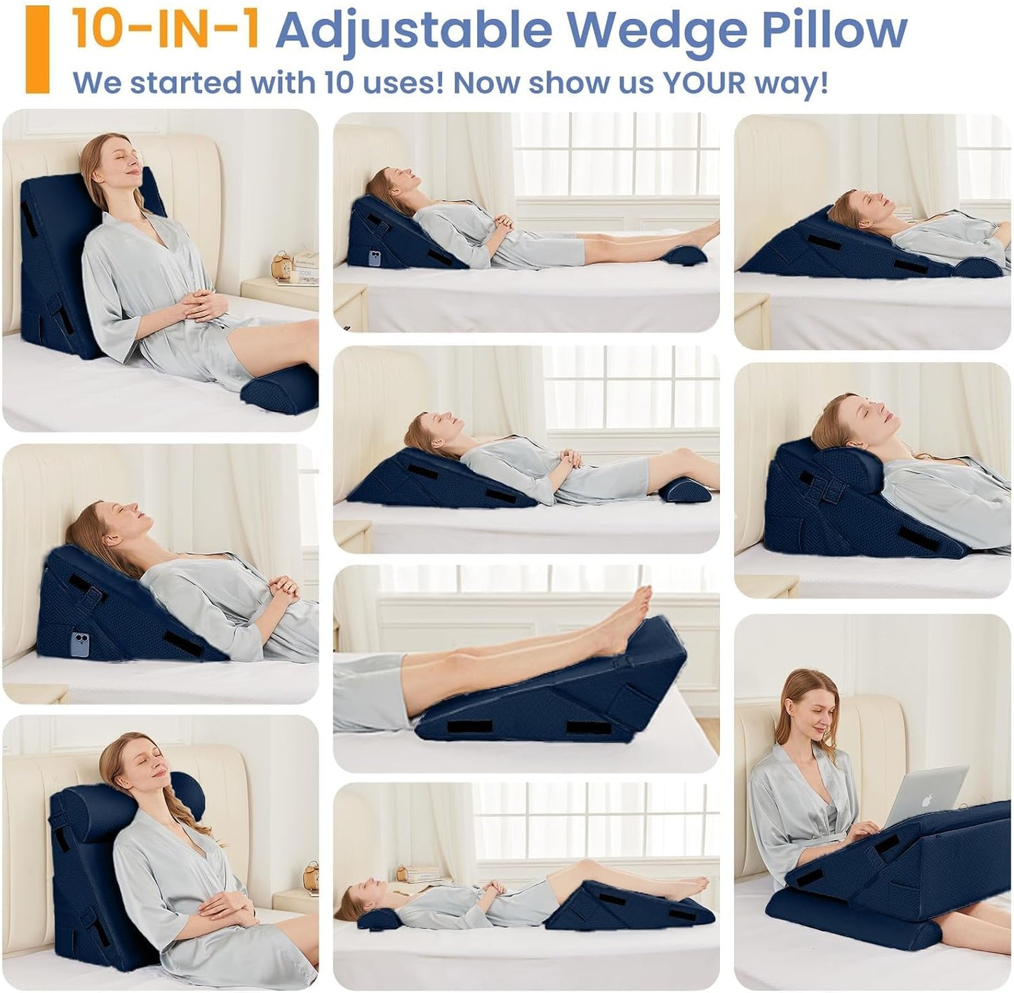 Sasttie Wedge Pillow Set for After Surgery, 2PCS Adjustable Bed Wedge Pillow Headboard with Memory Foam Neck Cushion – for Acid Reflux, Sleeping, Neck & Back Support, Dark Grey & White