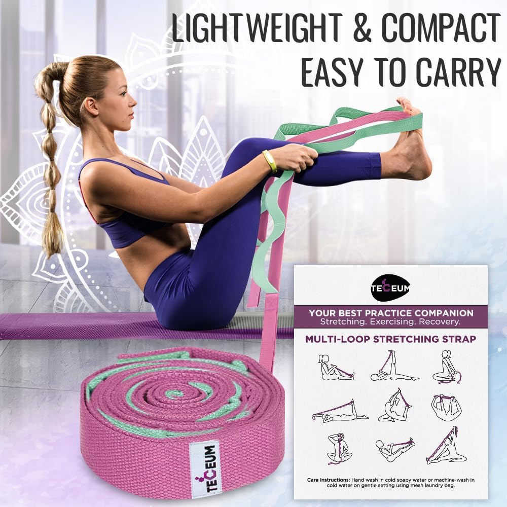 TECEUM Stretching Strap with 10 Loops for Physical Therapy & Rehab | Non-Elastic Yoga Stretch Band for Hamstring, Leg, Hip & Knee Rehab, Pilates, Flexibility & Mobility Exercises for Men & Women