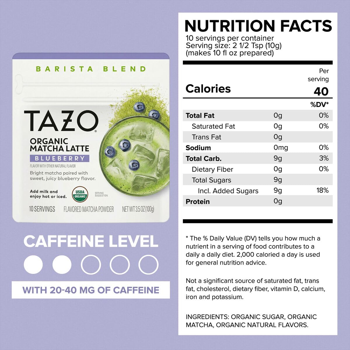TAZO Organic Classic Matcha Latte Powder, Café Style Matcha Latte Mix, Easy Hot or Iced Matcha Latte, Sweetened with Organic Sugar and Matcha Powder, 10 Servings, 3.5 oz Pouch