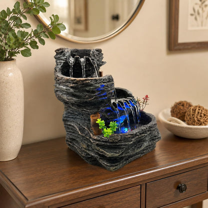 Indoor Tabletop Water Fountain with LED Light, Resin Rock-Look Waterfall Decor, Feng Shui Inspired Zen Fountain for Desk, Office, Bedroom, Living Room & Meditation Space (9" Cascading Rock)