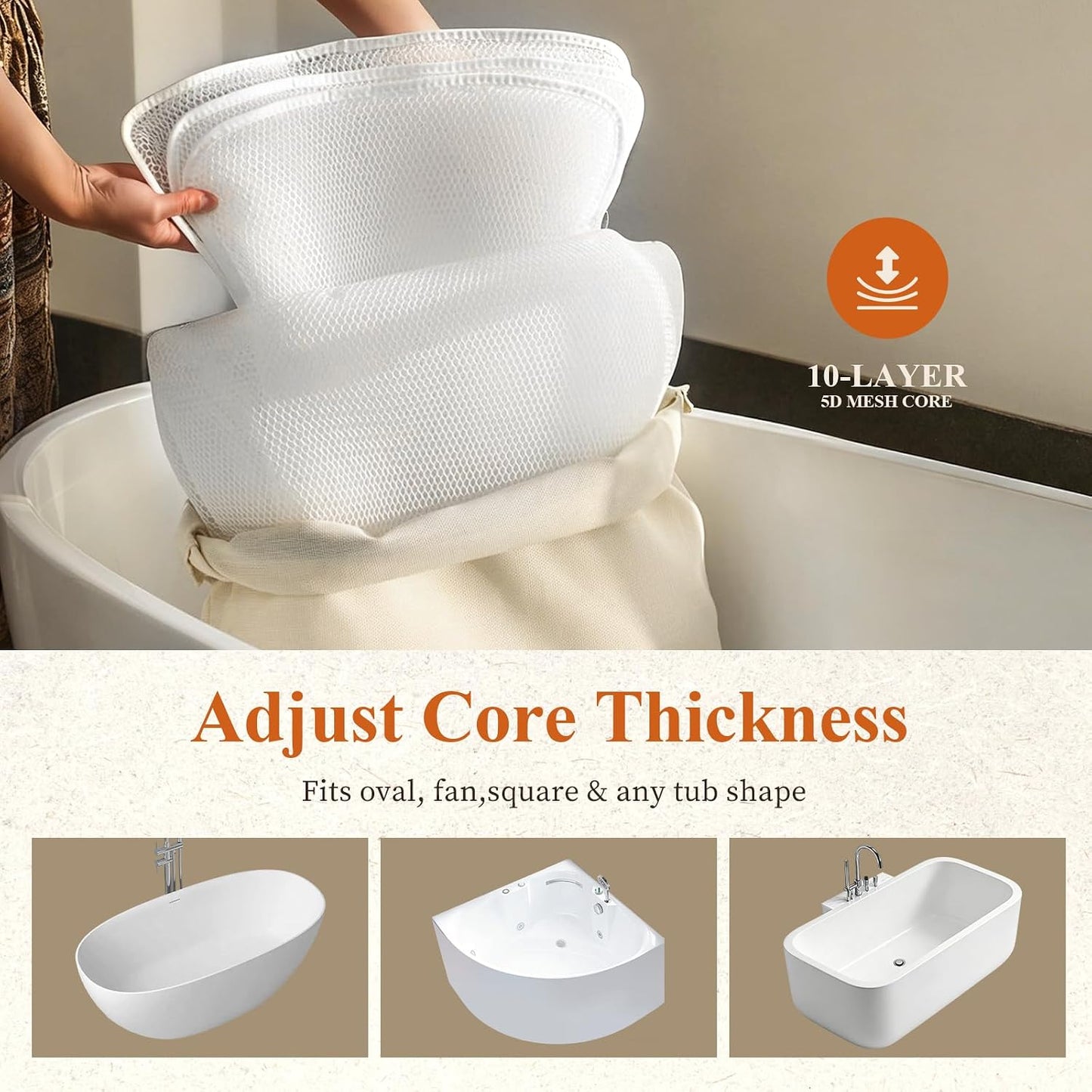 Luxury Bathtub Pillow,Head,Neck & Back Support,Quick-Drying 5D Mesh Core,Gift for Bath Lovers,Adjustable Thickness Fits Any Bathtubs,Easy to Maintain,Light Grey