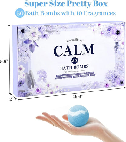 TranquilBliss Bath Bombs Set 50 PCS with 10 Rich Scents, Bath Bombs for Women, Natural Bubble Bombs with Shea Butter & Safe Oil, Ideal for Mother's Day, Valentine's Day, Christmas, Birthday Present