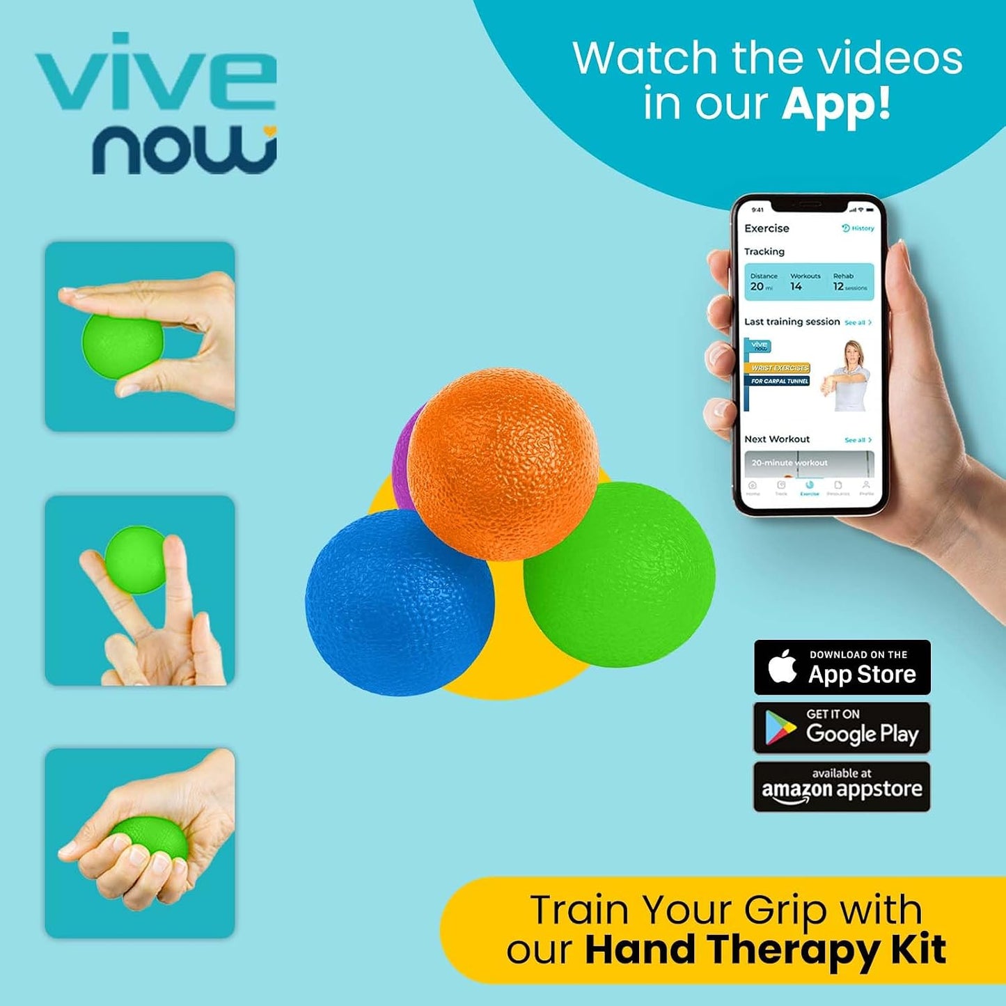 Vive Squeeze Balls for Hand Therapy, Exercise, Arthritis (w/Rehab Video App) - Grip Strengthener Occupational Equipment for Finger, Wrist, Carpal Tunnel, Pain Relief