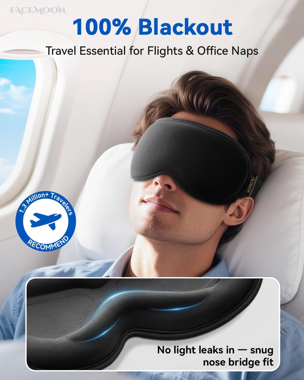 Weighted Blackout Sleep Mask for Men, 3D Contoured Zero Eye Pressure, Lash-Friendly Deep Eye Cups, Adjustable Slide Buckle Strap, Office Nap & Business Travel Essential, Relaxation Gift for Him(Black)