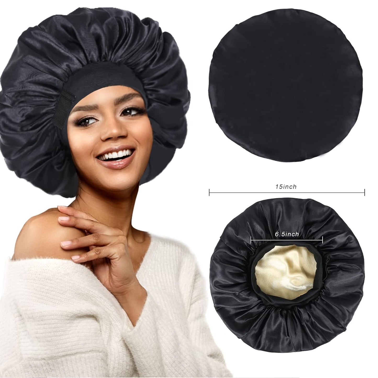Silk Bonnet for Sleeping Double Layer Satin Bonnet Adjustable Bonnets for Black Women Sleep Cap Reversible Hair Bonnet for Curly Hair (Black and Purple)