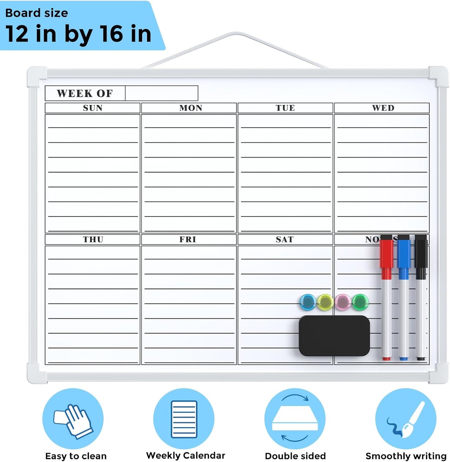 MaxGear Monthly Calendar Dry Erase Board for Wall, 16"x12", White Frame | Double-Sided, Hanging Small White Board, Portable Whiteboard for Planning, Drawing, Memo, to Do List, Home, Kitchen, Office