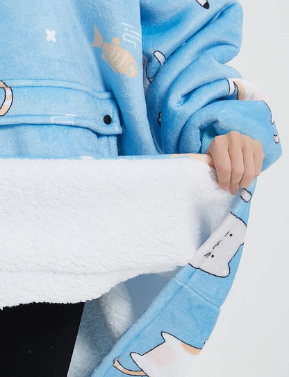 KFUBUO Wearable Blanket Hoodie for Adults Sherpa All Patterns Cat Oversized Sweatshirt Blanket with Pockets for Women