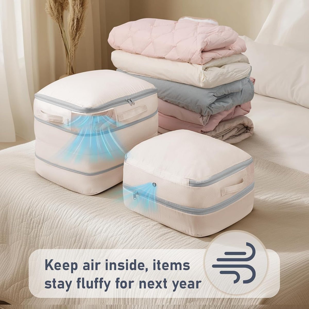 DIMJ Comforter Storage Bag - Blanket Storage Organizer Compression Bags, Large Capacity Ultra Space Saving Self Compression Organize for Bedding, Pillow, Duvet, Sheet Storage with Zipper Window