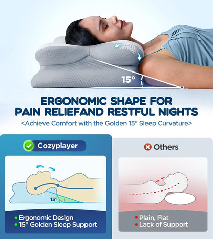Cozyplayer True Cooling Cervical Neck Pillow for Pain Relief, Ergonomic Side Sleeper Pillow for Neck Support, Odorless Orthopedic Contour Memory Foam Pillows, Bed Pillow for Back Stomach Sleeper