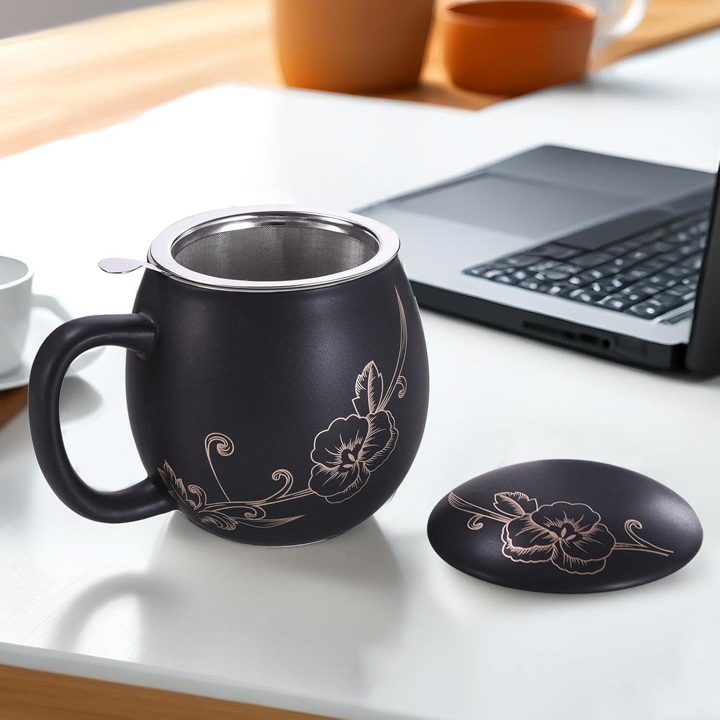 Yundu 12 OZ Matte Green Ceramics Teacup with Infuser and Lid, Mug with Lid for Steeping - Stainless Steel Infuser for Loose Leaf Tea, Home Office Gift for Tea Lovers
