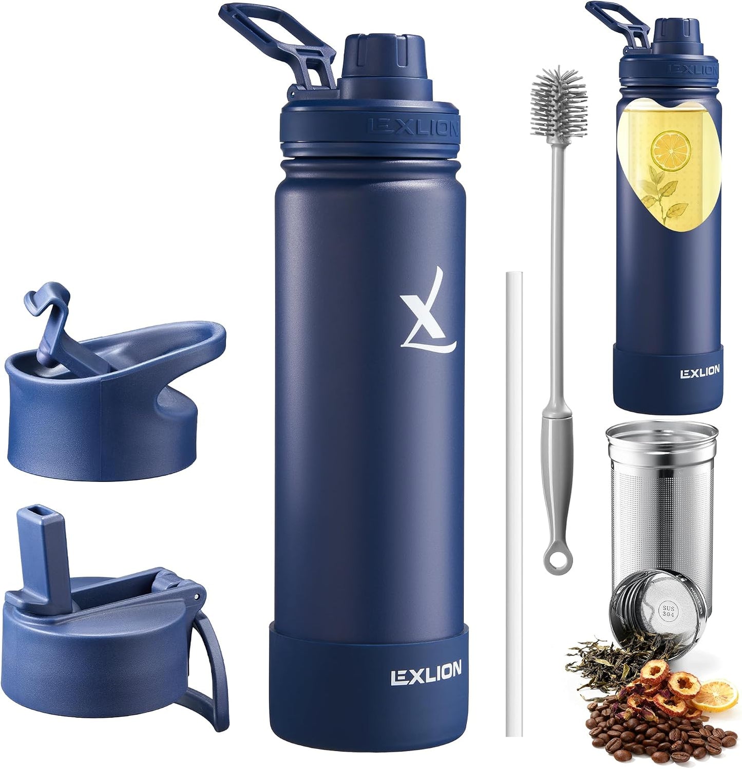 Lexlion Tea Infuser Water Bottle 32 Oz – Triple Wall Insulated Stainless Steel, Loose Leaf & Fruit Strainer, 3 Leakproof Lids, BPA-Free Silicone Sleeve, Reusable Thermal Mug