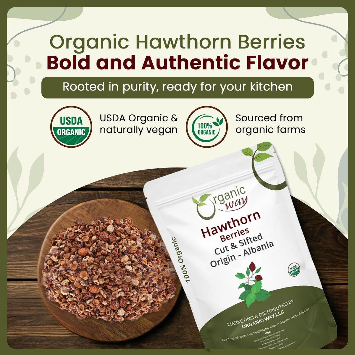 Organic Way Hawthorn Berries Cut & Sifted - Herbal Tea (8 Oz)