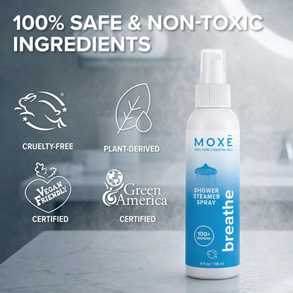MOXĒ Eucalyptus Oil Shower Mist, Spa Steam Spray, Certified Natural 100% Essential Oils, Made in USA, Aromatherapy, Sinus Congestion Relief, Tension Relief, 4 Ounces