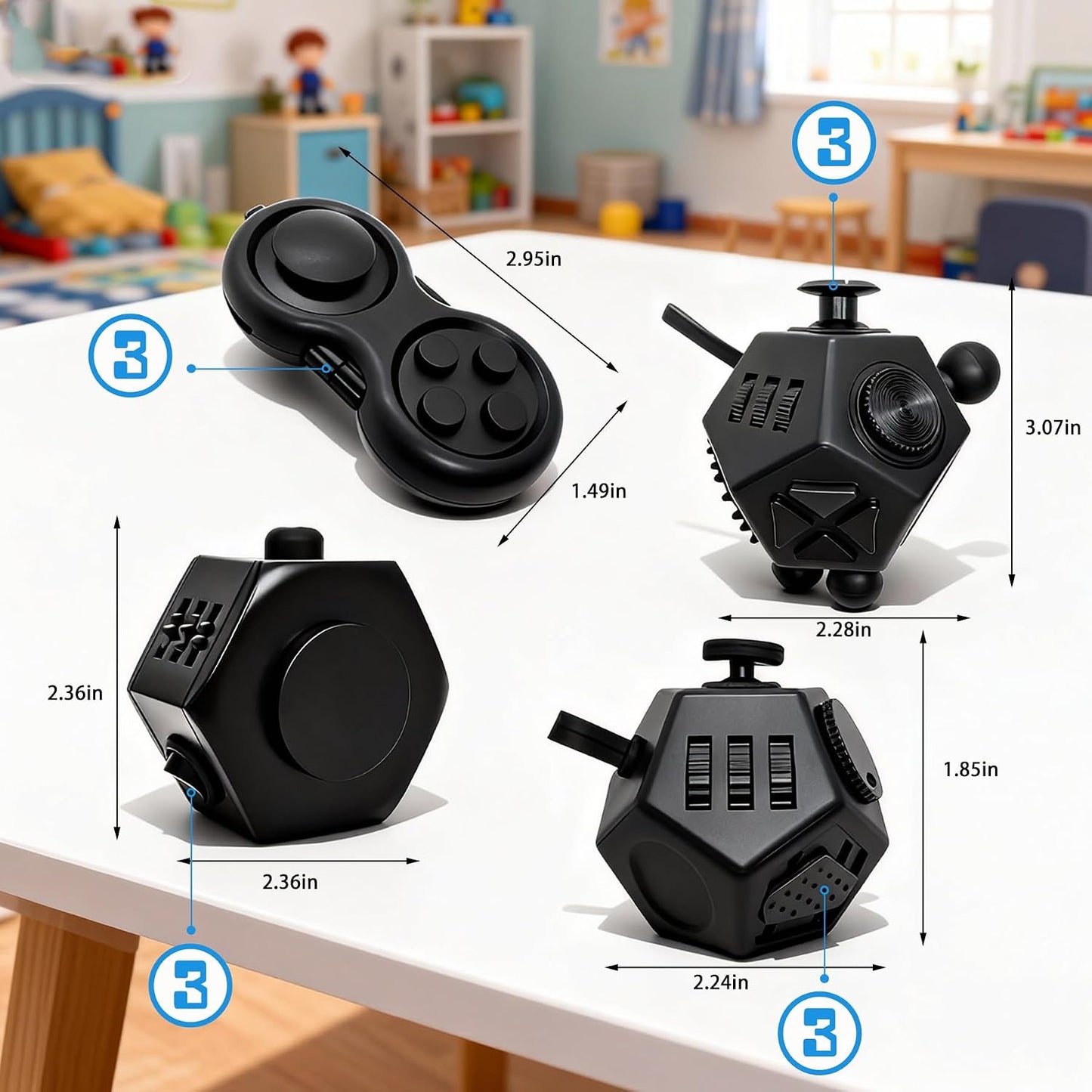 Fidget Toy Cube Set 4pcs 12 Sided Cube Relief Anxiety Improve Concentration,Fidget Toys Adults Alleviate Anxiety and Stress for Work,Fidget Toys for Kids Audible/Silent Fidgets Toys for ADD/ADHD/OCD