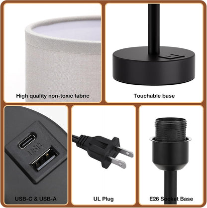 Dicoool Touch Bedside Table Lamp with USB - 3 Way Dimmable Wood Lamp for Bedroom Nightstand, Desk Lamp with Charging Station for Dorm, Living Room, Office, Kids Room, Small, 14in