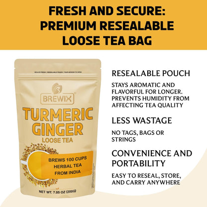 BREWIX, Turmeric Ginger Loose Herbal Tea (100+ Cups, 7.05oz/200g) Caffeine & Gluten Free | Ginger Root Tea | Savory & Spicy