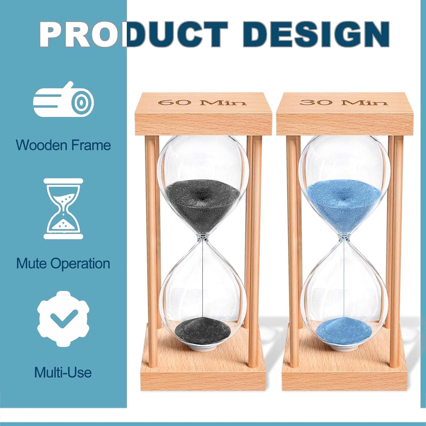 60 Minute Sand Timer, 60 Min Wood Small Hourglass Timer, Blue Sand Clock, One Hour Wooden Hour Glass for Classroom, Sandglass, Reloj De Arena Decorativo, Home, Office, Game, Gift