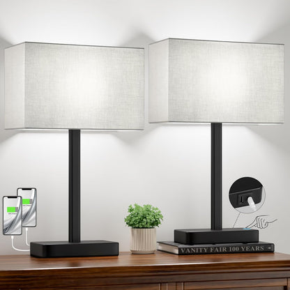 Hong-in Touch Lamps for Bedroom - 3-Way Dimmable Bedside Lamps Set of 2 with USB C+A, Grey Modern Table Lamp for Night Stands, Desk Lamp for Living Room Nightstand End Tables Bed Side