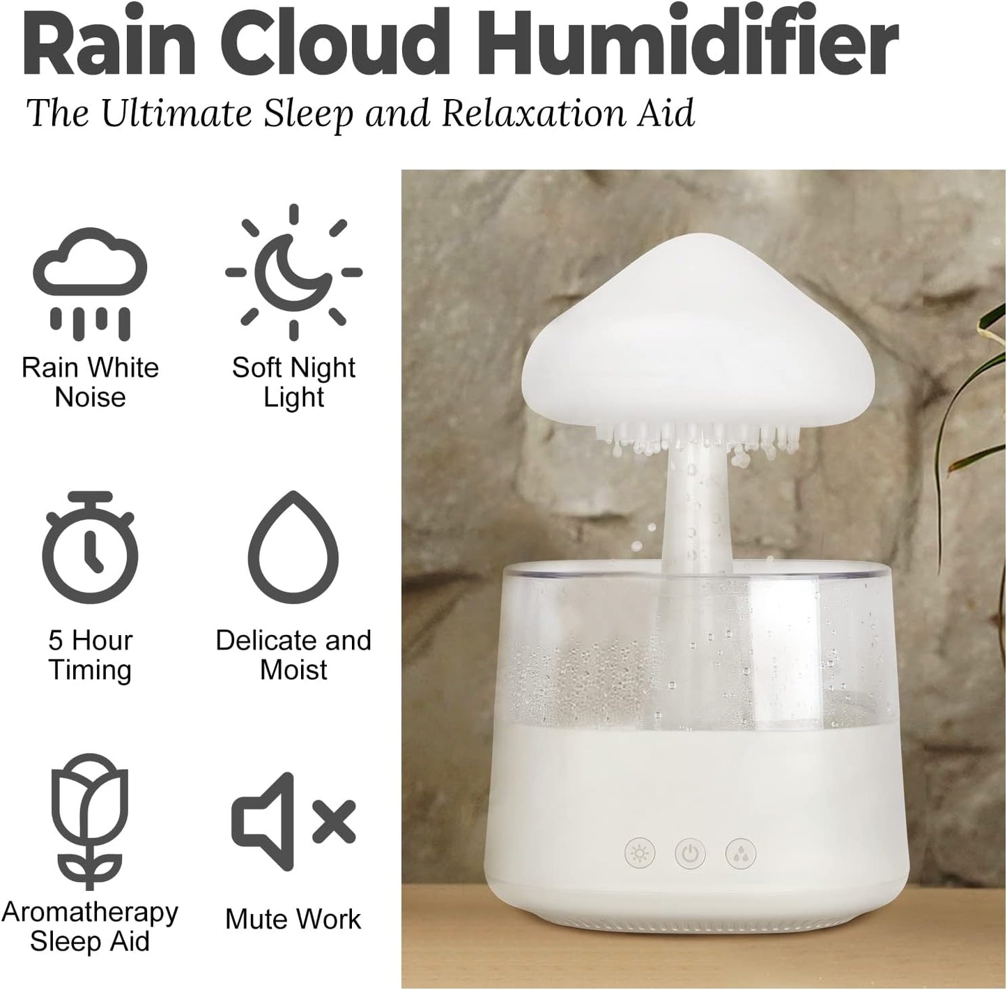 Rain Cloud Humidifier Water Drip with Adjustable LED Lights White Noise Humidification Desk Fountain Bedside Sleeping Relaxing Mood (White)
