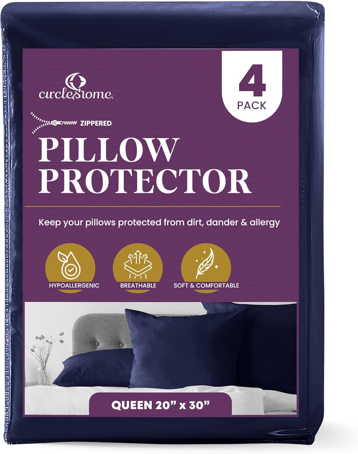 CirclesHome Pillow Protectors 4 Pack Standard Zippered - 100% Cotton Breathable Pillowcases - Protects Pillows from Dirt, Dust and Debri (Standard - Set of 4 - 20x26)