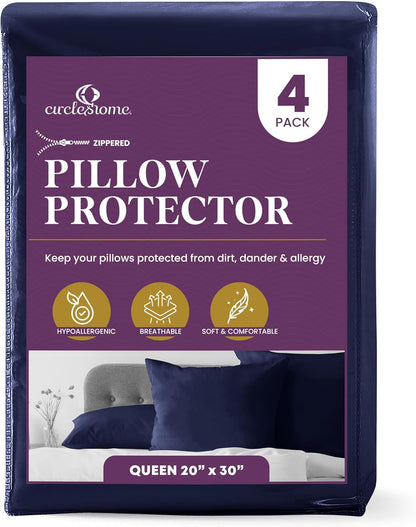 CirclesHome Pillow Protectors 4 Pack Standard Zippered - 100% Cotton Breathable Pillowcases - Protects Pillows from Dirt, Dust and Debri (Standard - Set of 4 - 20x26)
