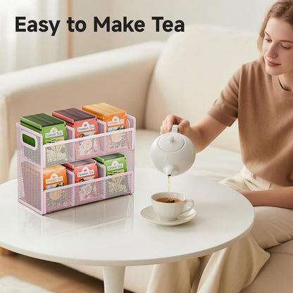 2 Tier Tea Bag Organizer, Mesh Tea Bag Holder with Handle, Teabag Holder, Tea Station Organizer for Countertop, Pantry, Kitchen, Cabinet -Black