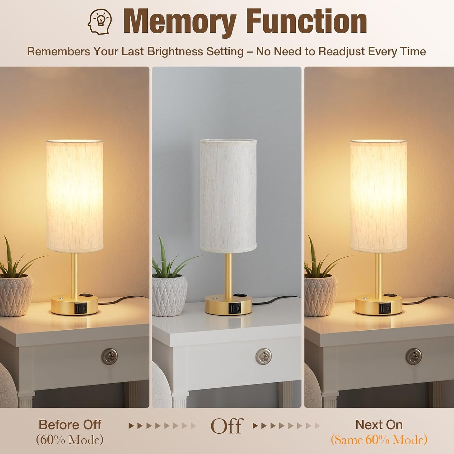Touch Bedside Table Lamp with Memory - Stepless Dimmable Lamp for Bedroom, Small Nightstand Lamp with Dual USB Charging Ports and AC Outlet, Wood Night Light, Desk Lamp for Nursery, Living Room, Dorm