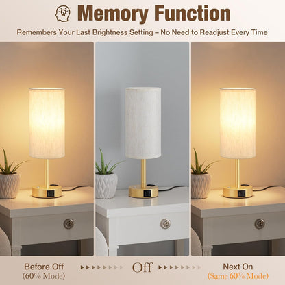 Touch Bedside Table Lamp with Memory - Stepless Dimmable Lamp for Bedroom, Small Nightstand Lamp with Dual USB Charging Ports and AC Outlet, Wood Night Light, Desk Lamp for Nursery, Living Room, Dorm