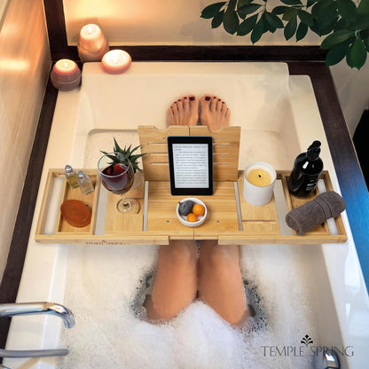 Temple Spring Bamboo Bathtub Tray Caddy for Tub — Expandable Wood Bath Tray with Solid Book Stand Wine Holder and Non-Slip Pads — Includes Bamboo Soap Dish and Spa Accessories — Luxury Bath Gift Set