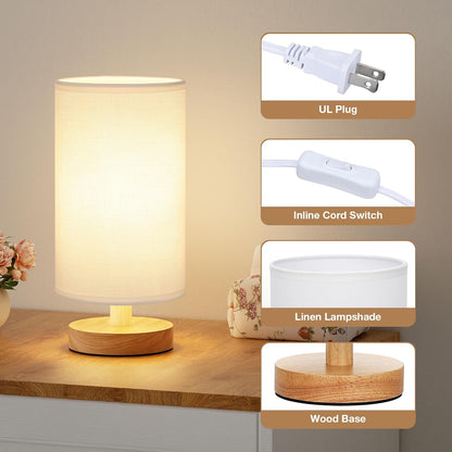 Fenmzee Small Table Lamp for Bedroom - Inline Control, Bedside Lamp with 3000K A15 LED Blub, Easy Assembly (Cream Shade - Wood Base, 9" Inline Control)