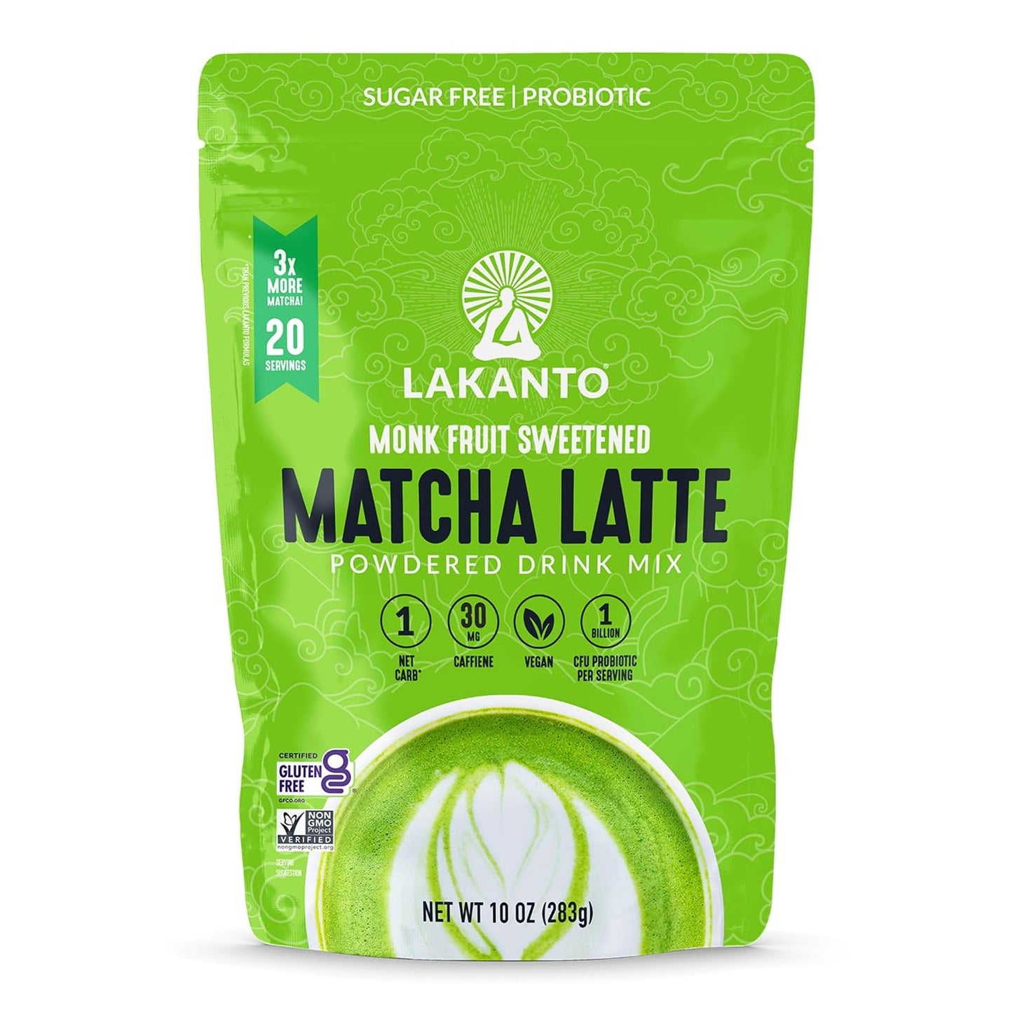 Lakanto Sugar Free Matcha Latte - Green Tea Powder with Shelf Stable Probiotics and Fiber, Sugar Free, Monk Fruit Sweetener, Keto Diet Friendly, Vegan, Detox, Destress, Antioxidants, Authentic (10 Oz)