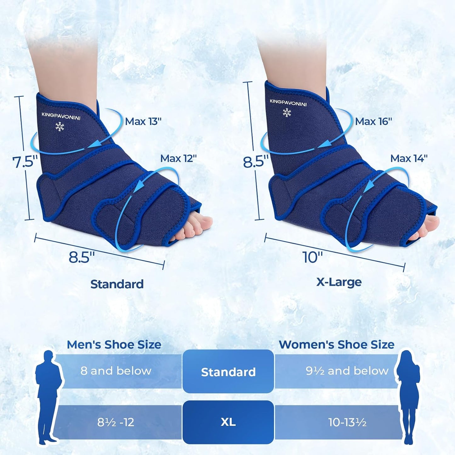 KingPavonini Ankle Foot Ice Pack Wrap for Sprained Ankle/Surgery Recovery, Reusable Gel Ice Packs for Feet Injuries, Plantar Fasciitis, Achilles Tendonitis, Hot/Cold Therapy, XL (1 Wrap+4 Gel Packs)