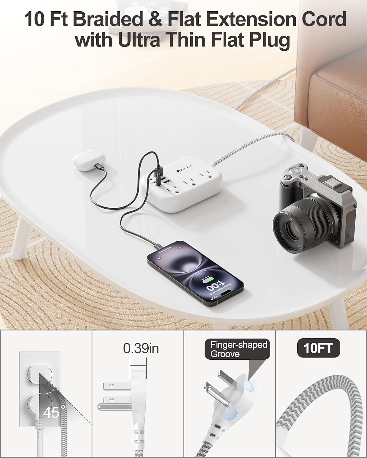 6 USB(3 USB C) Power Strip- Travel Power Strip with 6 USB Desktop Charging Station 24W/4.8A and 3 Outlets, 5Ft Flat Plug Braided Extension Cord, Non Surge Protector for Cruise Ship Travel Office Dorm