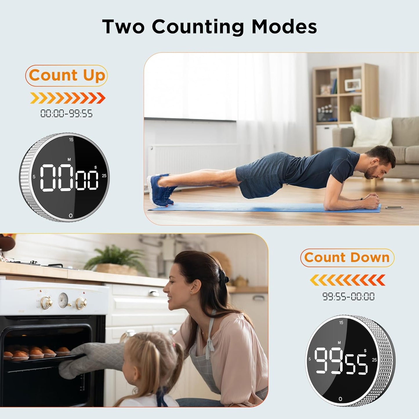 Digital Kitchen Timer, Magnetic Kitchen Timer Clock with Large LED Display, Countdown Count Up, Rotary Dial, 5/15/25 Min Presets, 3 Volume Levels for Cooking, Productivity, Pomodoro, Classroom