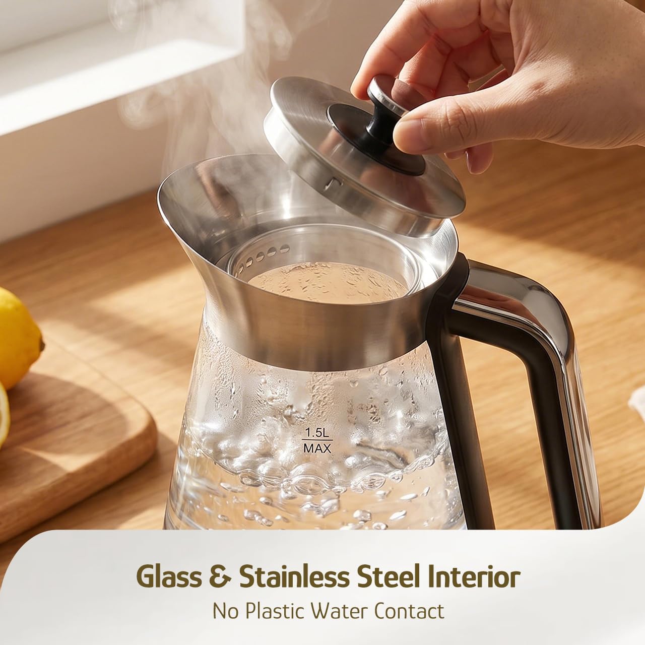 Hazel Quinn Glass And Stainless Steel Electric Kettle, 1.5 Liters Tea Kettle And Hot Water Kettle, BPA-Free, ±1°C Temp Control, 24H Keep Warm, 1000W Fast Quiet Boil, Anti-Residue Bottom, Auto Shut-Off