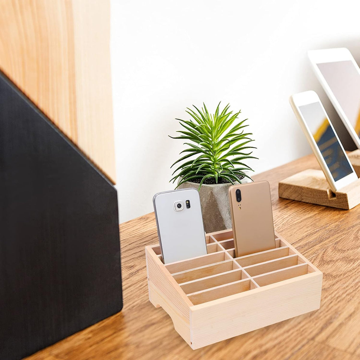 SEWACC Wooden Cell Phone Storage Box Holder Desktop Organizer 12 Grids Office Classroom Home Mobile Phone Storage Box