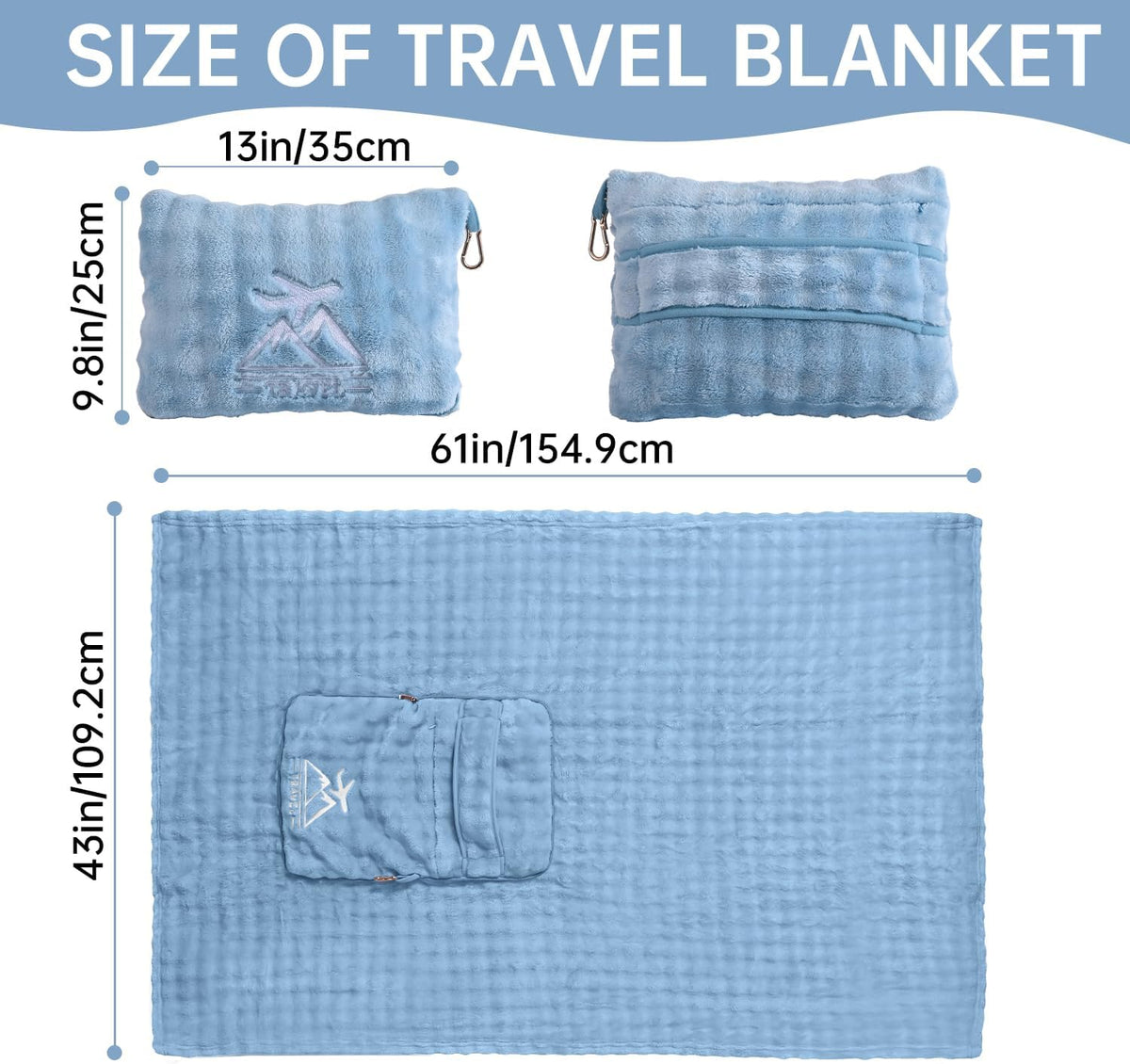 Travel Blanket and Pillow-2-in-1, Ultra-Soft&Compact, One-Piece Airplane Blanket with Hand Luggage Belt and Backpack Clip,Travelers Accessories Gifts, 61x43 Inches (Blue)