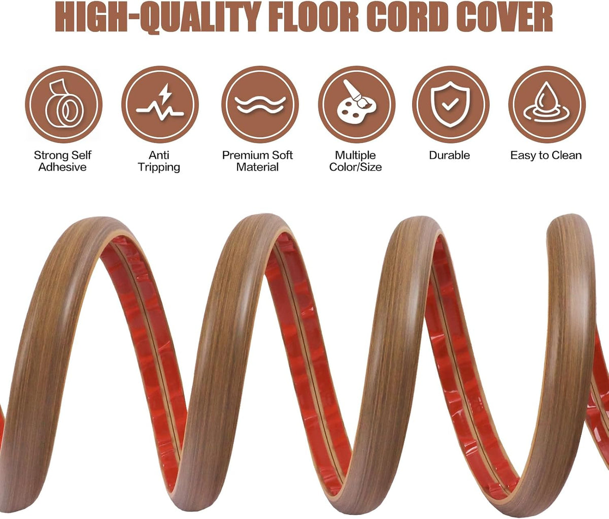 Floor Cord Cover Self Adhesive Cord Hider,10FT Cable Management, Extension Strip Protector for Wires, Prevent Cable Trips for Offices, Gyms, Exhibitions Cavity 0.39"(W) x 0.27"(H) BrownWood