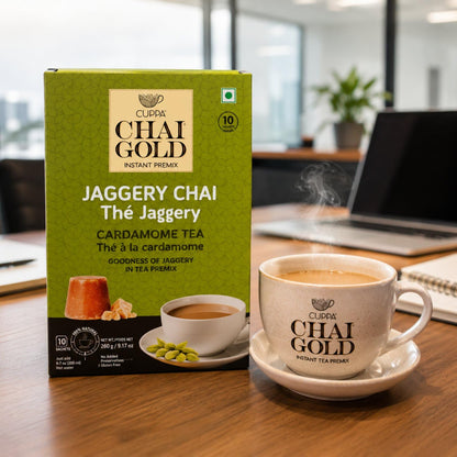 Chai Gold Instant Jaggery Chai Tea Premix Powder, Traditional Indian Milk Tea Latte Mix, Naturally Sweetened with Jaggery, Quick Preparation Hot Beverage, Low Caffeine, 10 count pack