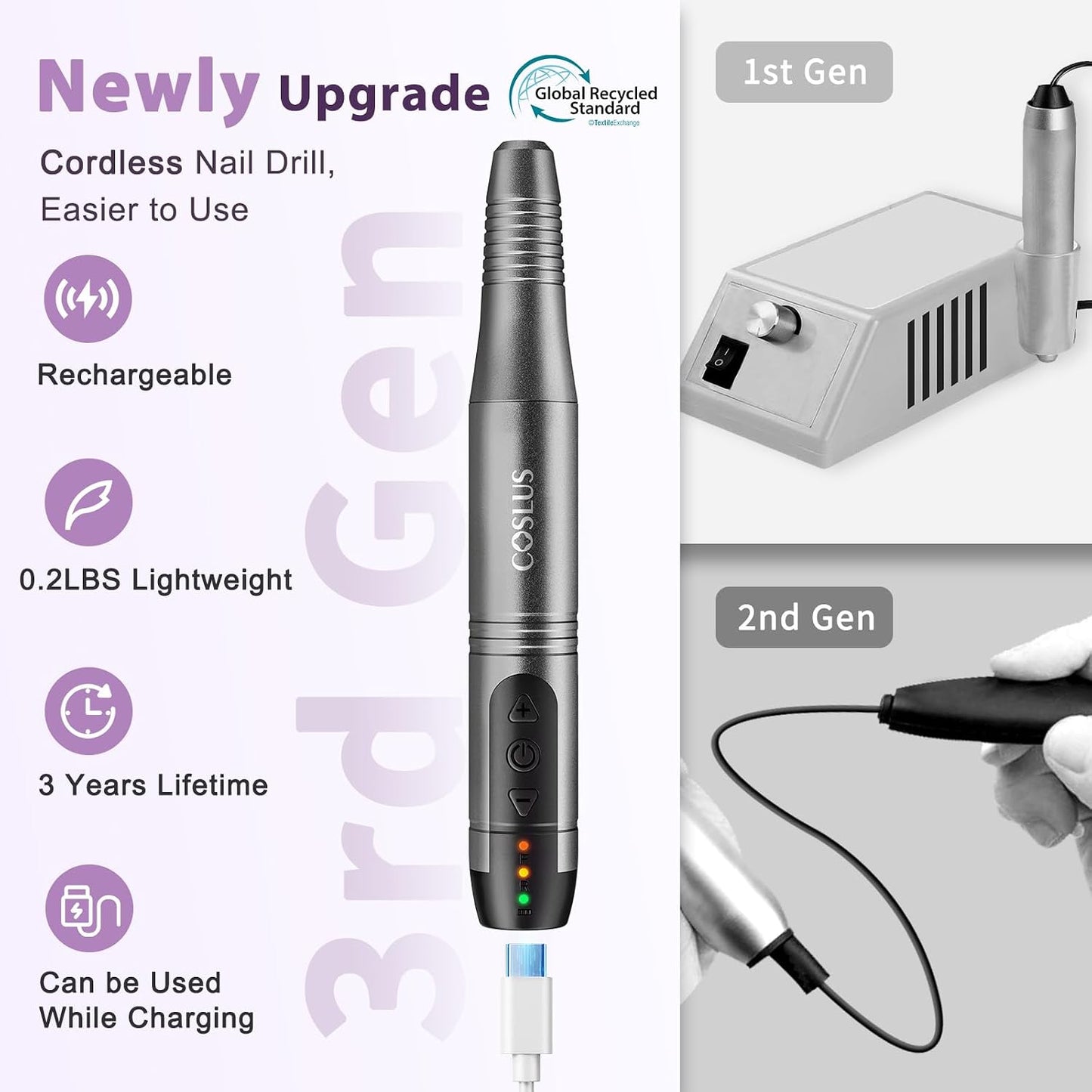 COSLUS C20 Cordless Nail Drill Electric File: Professional for Acrylic Gel Dip Powder Nails, Portable All-in-One Nail Drill Machine Kit for Manicure & Pedicure, Rechargeable Lightweight, Purple
