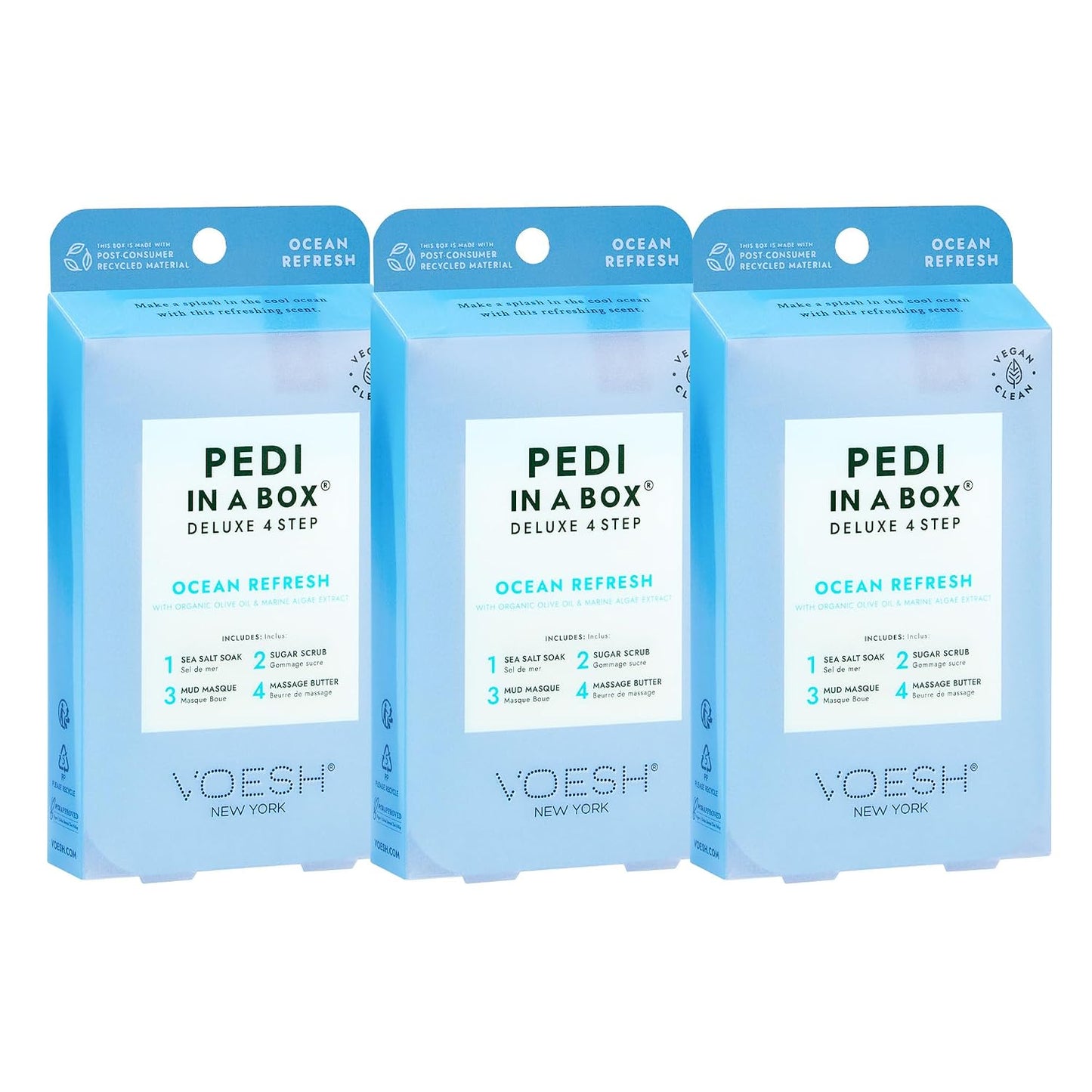 VOESH Pedi in a Box 4 Step Fresh Trio - 3 Pack of Ocean Refresh, Eucalyptus Energy Boost, & Cucumber Fresh Pedicure Set, DIY Pedi, Foot Spa