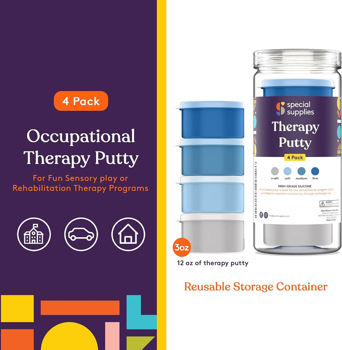 Special Supplies Therapy Putty for Kids and Adults - Resistive Hand Exercise Stress Relief Therapy Putty Kit, Set of 4 Strengths, Three Ounces of Each Putty